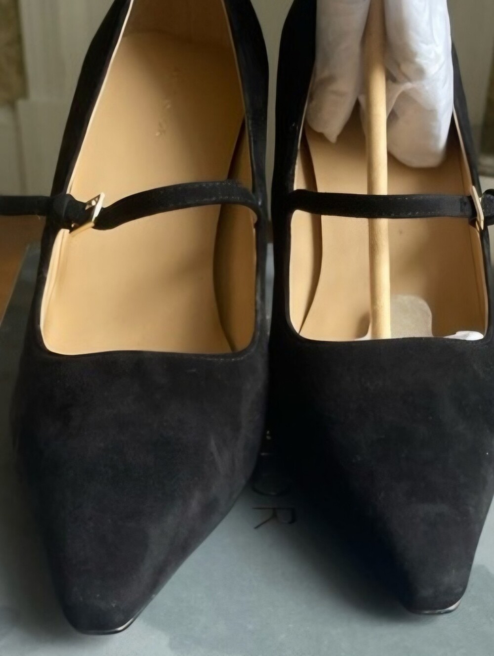 Ann Taylor Black Suede Mary Jane Pointed Pumps with Ankle Strap